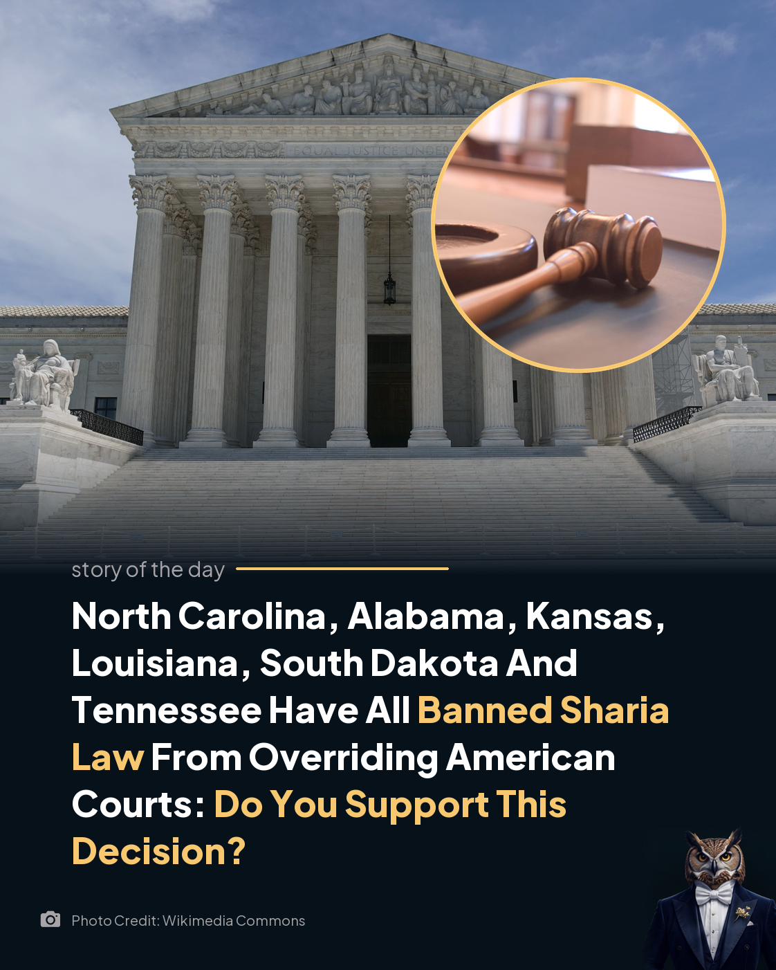U.S. Supreme Court building with a courtroom gavel in a circle