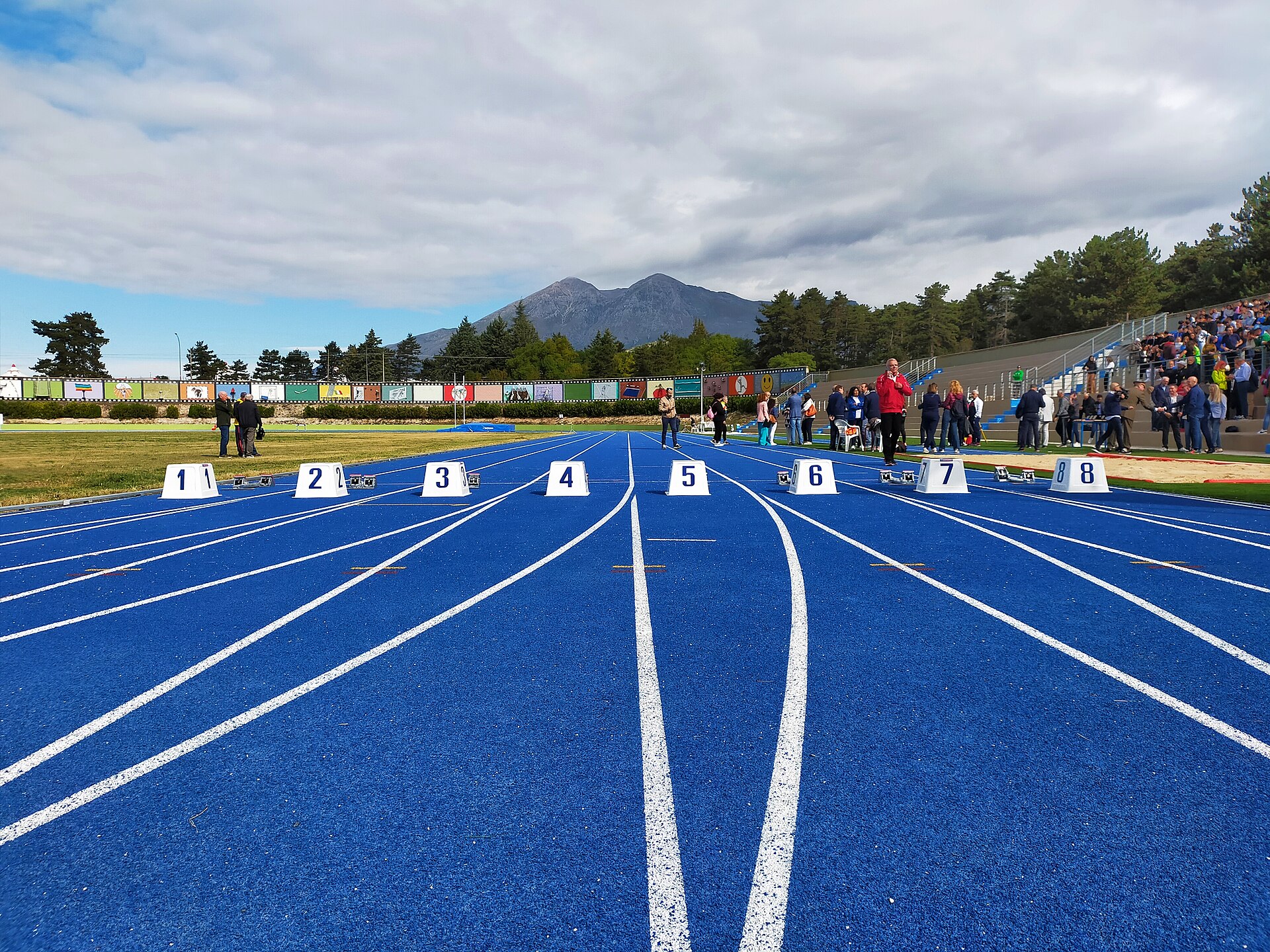 Blue running track lanes